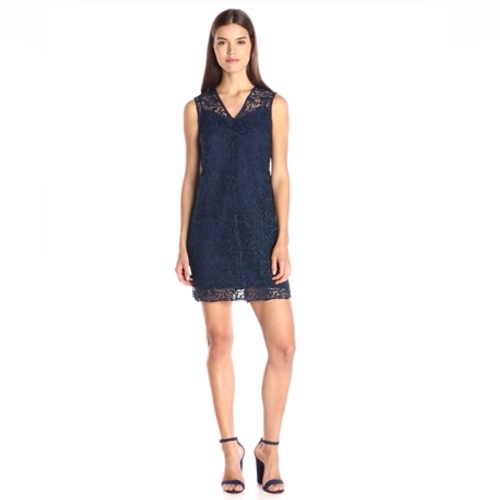 SHOSHANNA Navy Blue Scroll-lace Teri V-Neck Lined Dress Size 4